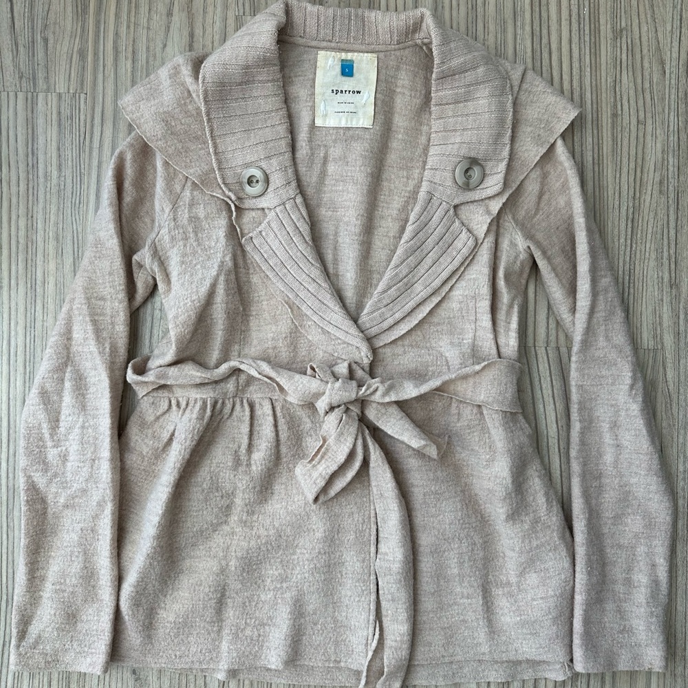 Sparrow Tan Cardigan with Tie Waist and Blazer Collar